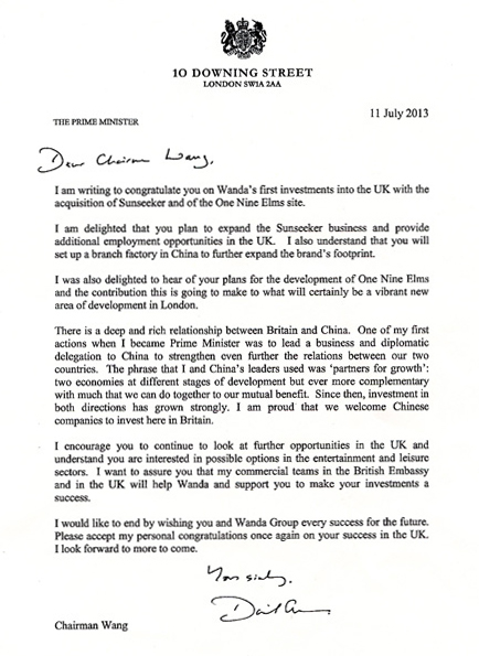 UK Prime Minister congratulates Wang Jianlin on Wanda’s investment