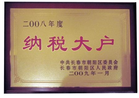 长春万达影城被授予“2008年度纳税大户”称号